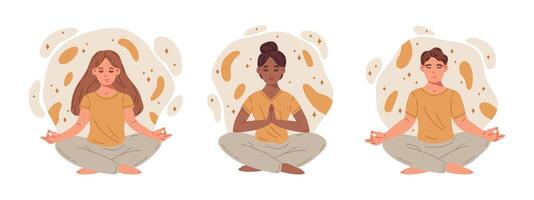 människor i yoga utgör. man och kvinna mediterar i yoga lotus utgör, avslappning, lugna och lugn platt vektor illustration. mediterar tecken