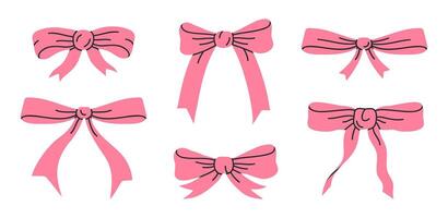 rosa silke pilbågar. hand dragen bågar för gåva låda, födelsedag gåvor rosa band dekorationer platt vektor illustration uppsättning. högtider rosett dekor