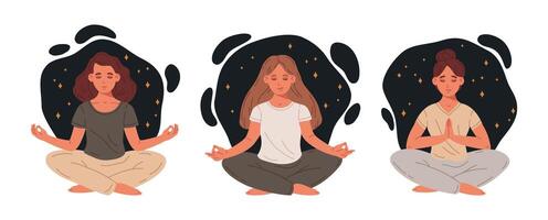 kvinnor i yoga lotus utgör. meditation öva och påfrestning lättnad platt vektor illustration uppsättning. lugna kvinna tecken meditation och andetag övning
