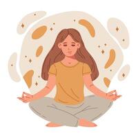 weiblich Sitzung im Yoga Lotus Pose. meditieren still Frau, Meditation und Atem Übung. Stress Linderung und Entspannung eben Vektor Illustration