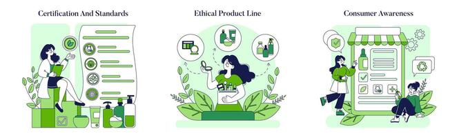 hållbar skönhet standarder uppsättning. en visuell berättande av certifiering, etisk Produkter, och konsument medvetenhet i kosmetika. de grön rotation i skönhet. vektor illustration