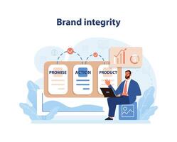 Marke Integrität Illustration. ein Geschäftsmann interagiert mit versprechen, Aktion, und Produkt Diagramme. vektor