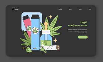 cannabis Produkter visat upp. vape pennor, cbd olja flaska, färsk marijuana blad, och rullad gemensam. naturlig wellness och alternativ terapi. platt vektor illustration