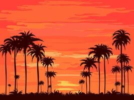 kväll på de strand sommar orange himmel och kokos träd vektor