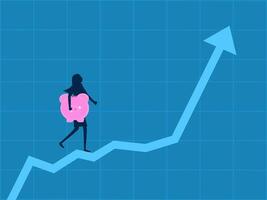 besparingar och investering planer. affärskvinna innehav en nasse Bank gående på en stigande Graf vektor