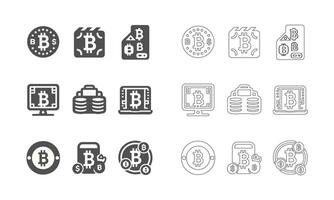 Kryptowährung Bitcoin solide und Gliederung Symbol einstellen vektor