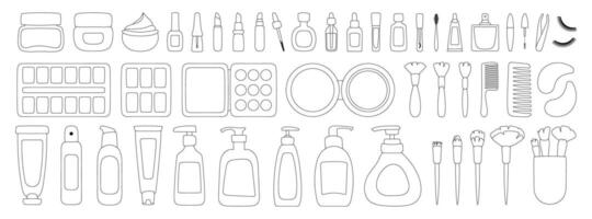 smink utrustning. falsk ögonfransar, pincett, mascara, parfym, rör av grädde, läppstift, flaska av olja, pipett, burk av grädde, nagel putsa, borstar, trä- hårkam, plåster. svart linjär stil. vektor