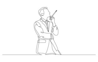 kontinuierlich einer Linie Zeichnung von Geschäftsmann Denken mit Brunnen Stift halten Geste, Geschäft Denken Konzept, Single Linie Kunst. vektor