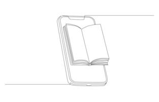 kontinuierlich einer Linie Zeichnung von Smartphone mit öffnen Buch auf Bildschirm, E-Book Lektüre, online Lernen Konzept, Single Linie Kunst. vektor