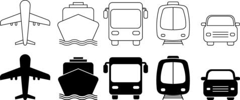 översikt silhuett offentlig transport ikon uppsättning vektor