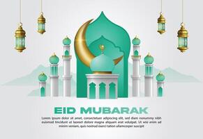 islamisch Gruß eid Mubarak Design Hintergrund, Vorlage mit schön Laternen und Halbmond vektor