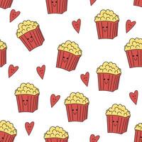 sömlös mönster med popcorn påsar med antropomorf ansikte och söt hjärtan på vit bakgrund. söt mat vektor