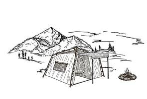 Landschaft Illustration im skizzieren Stil mit Zelt, Lagerfeuer, Berge, Wald. Sommer- Lager, Natur Tourismus, Camping vektor