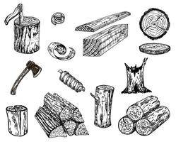 Holz Protokolle, Kofferraum skizzieren. hölzern Materialien. Brennholz Satz. jährlich Ringe auf ein Baum schneiden. Holz Stümpfe und Axt. vektor