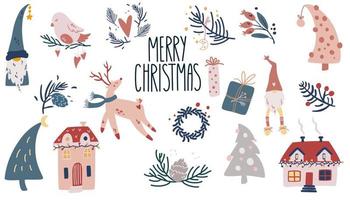 Sammlung von Weihnachtsartikeln. Geschenke, Zweige, Rehe, Vögel, süße Häuser, Girlanden. Vektor-Cartoon-Illustration für Grußkarten, Weihnachtseinladungen und Scrapbooking. vektor