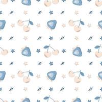 süßes nahtloses Muster mit blauen Erdbeeren, Kirschen und Blättern. zarter Druck für Geschenkpapier, Textilien und Design vektor