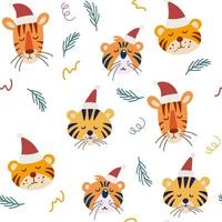 süßes Weihnachtstiger nahtloses Muster. Maulkörbe von Tigern in Weihnachtsmützen. perfekt für Kinderbekleidung, Stoffe, Textilien, Kinderzimmerdekoration, Geschenkpapier. Vektor-Illustration. vektor