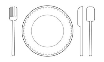 Gabel, Messer, Löffel und Teller. Symbol-Vektor-Illustration