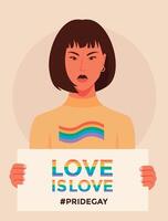 platt vektor porträtt kvinna asiatisk innehav en kärlek är kärlek plakat stolthet Gay begrepp..
