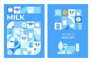 Postkarte, Poster mit Kühe, Milch, Blumen. modern abstrakt Hintergrund. Welt Milch Tag. Vektor Illustration von geometrisch Formen.