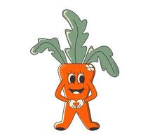 groovig Karotte Charakter mit heiter Gesicht und Blatt. komisch retro Wurzel Gemüse mit freundlich Ausdruck, Essen Aufkleber von 70er Jahre 80er Jahre Stil Vektor Illustration