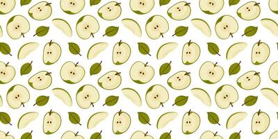 äpplen hela och skiva sömlös mönster. tecknad serie skön vektor frukt illustration. sommar ljus organisk natur vegan mat lämplig för tapet, textil-