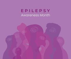 Epilepsie Bewusstsein Monat lila Tag Hintergrund. vielfältig Silhouetten von Menschen von anders Alter und Rennen zum ein Banner Über Mensch Gehirn Gesundheit vektor