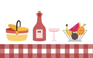 draussen Picknick Konzept. Korb, Wein mit Glas, Früchte, Decke. Frühling und Sommer- Erholung. vektor