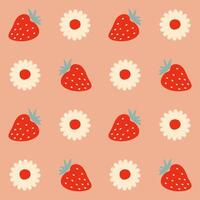 estetisk mönster med daisy blommor och jordgubbar. sommar retro skriva ut för ridå, bordsduk, textil- och tyg. hand dragen vektor bakgrund för dekor och design.