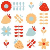 Sommer- Muster mit Blumen, Erdbeeren und Libellen im skandinavisch Stil. ästhetisch drucken zum Papier, Textil- und Stoff. Hand gezeichnet Vektor Hintergrund.