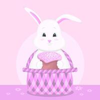 ein Hase sitzt im ein Korb und hält ein Ostern Kuchen. glücklich Ostern. Vektor Illustration