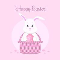 ein Hase sitzt im ein Korb und hält ein Ostern Ei. glücklich Ostern. Vektor Illustration