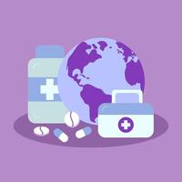 nationell läkares dag. medicin och hälsa begrepp. värld hälsa dag. planet, först hjälpa utrustning och burk av piller. platt vektor illustration.