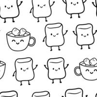 nahtlos Vektor Muster mit süß Mäusespeck. Marshmallows schweben im Tasse von Kakao, Kaffee oder heiß Schokolade. kawaii Süßigkeiten mit Beine und Hände im Linie Stil.