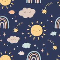 bohemisk bebis mönster på mörk blå bakgrund. sömlös mönster i boho stil med leende moln, Sol och regnbåge för textilier eller tyg för nyfödda vektor