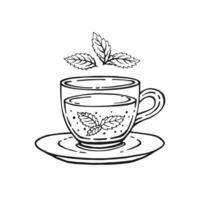 glas kopp te, mynta löv. hand dragen vektor illustration i översikt stil.