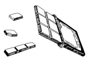 Skizzen einstellen von Schokolade. Sammlung von Süss Essen, Nachspeisen. Hand gezeichnet Vektor Illustration im retro Stil. Gliederung Cliparts isoliert auf Weiß Hintergrund.