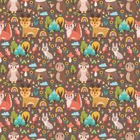nahtlos Muster mit süß Wald Tiere - - Eichhörnchen, Eule, tragen, Reh, Hase auf ein braun Hintergrund. süß kindisch Design zum Ihre Projekte vektor