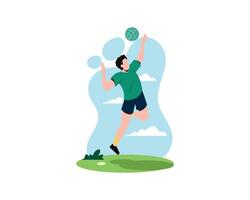 jung Mann spielen Volleyball im das Feld. aktiv Basketball Spieler springt und schlagen das Ball. Sport und Freizeit Design Konzept Vektor Illustration.