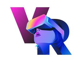 vr Briefe Logo. Frau tragen virtuell oder erweitert Wirklichkeit Brille auf Farbe Hintergrund. Vektor Illustration