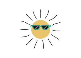 Hand gezeichnet süß Sommer- Karikatur Illustration von Sonne mit Sonnenbrille. eben Vektor Sonnenlicht Aufkleber im farbig Gekritzel Stil. heiß Wetter Symbol oder drucken. isoliert auf Weiß Hintergrund