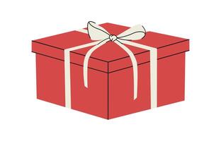 Hand gezeichnet modern Illustration von rot Geschenk Box mit Weiß Bogen. Weihnachten Geburtstag Urlaub gegenwärtig. eben Vektor Aufkleber oder Symbol im einfach farbig Gekritzel Stil. isoliert auf Weiß Hintergrund.