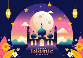 glücklich Muharram Vektor Illustration von feiern islamisch Neu Jahr mit Moschee, Mond und Laterne Konzept im eben Kinder Karikatur Hintergrund