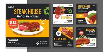 Steak House social media posta platt tecknad serie hand dragen mallar bakgrund illustration vektor