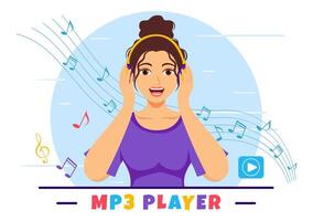 mp3 Spieler Vektor Illustration mit Musical Notation, Kopfhörer, Headset und Telefon von Musik- Hören Geräte im Handy, Mobiltelefon App auf eben Hintergrund