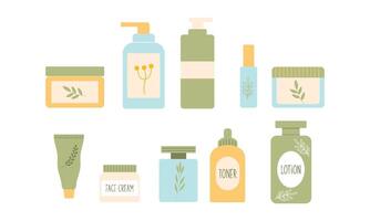 naturlig organisk kosmetika för hud i färgrik flaskor, rör, burkar vektor platt illustration