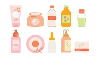 natürlich organisch Kosmetika zum Haut im bunt Flaschen, Rohre, Gläser Vektor eben Illustration