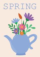 süß Frühling Postkarte mit anders Blumen und Blätter im ein Teekanne vektor