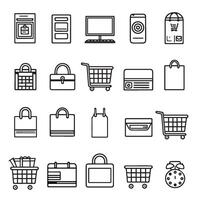 en uppsättning av linje ikoner för uppkopplad handla och e-handel, som väl som ett sortiment av e-handel symboler med justerbar stroke vektor