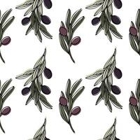 vektor sömlös mönster med oliv träd gren, löv och oliver frukt. hand målad översikt blommig illustration med Färg bakgrund för kök tyg design, förpackning, tapeter, skriva ut